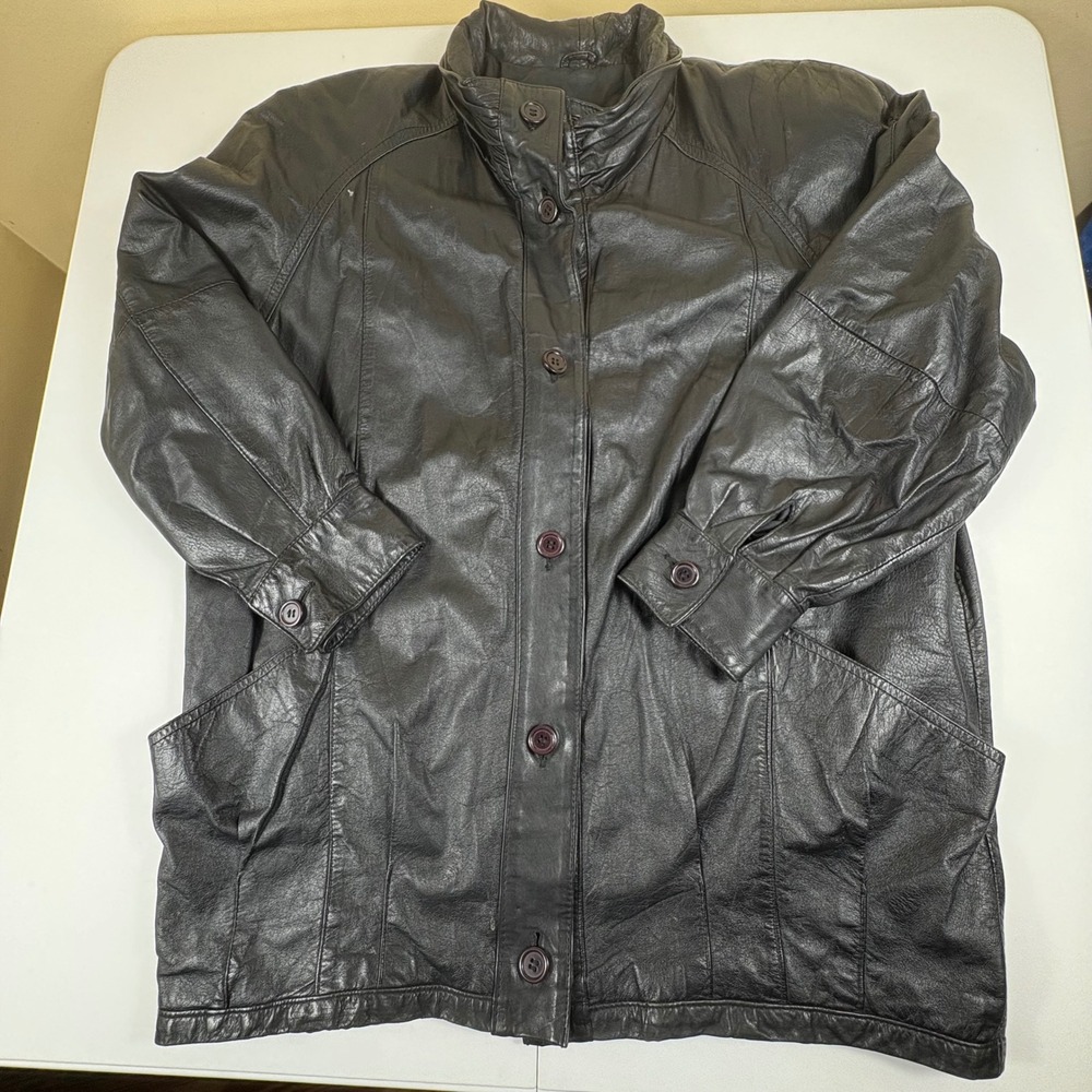 Vintage Black Leather Jacket Mens Small Minimalist Button Front